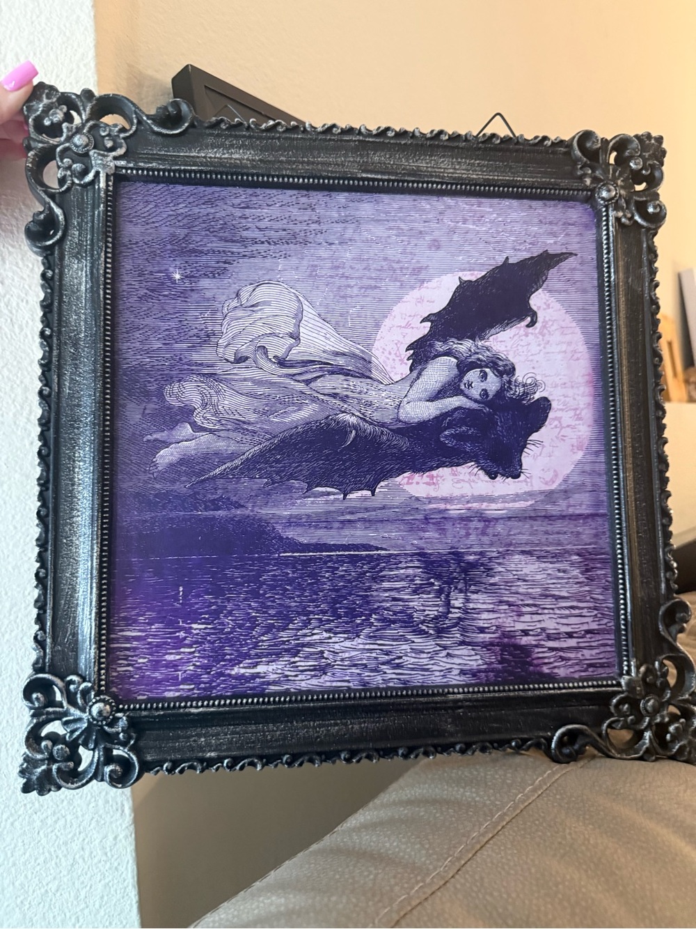 Spirit Purple Bat Girl Gothic Wall Art with Ornate Black Frame